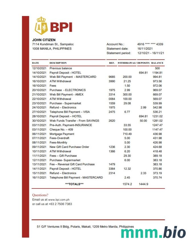 Filipiński Bank Wysp Filipińskich dowód adresu szablon wyciągu bankowego w formacie Word i PDF
